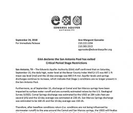 EAA declares the San Antonio Pool has exited Critical Period Stage Restrictions