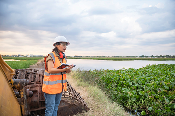 worker testing water and taking data