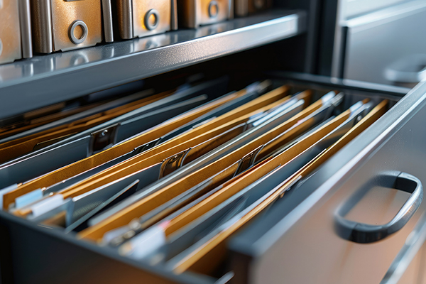 open metal filing cabinet with file folders