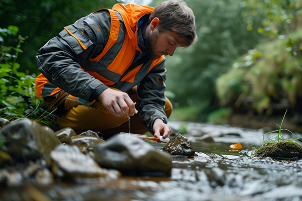 person testing river water