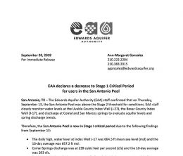 EAA declares a decrease to Stage 1 Critical Period for users in the San Antonio Pool
