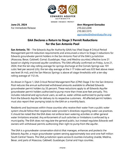 EAA declares a return to Stage 3 Permit reductions for San Antonio Pool June 25 2024