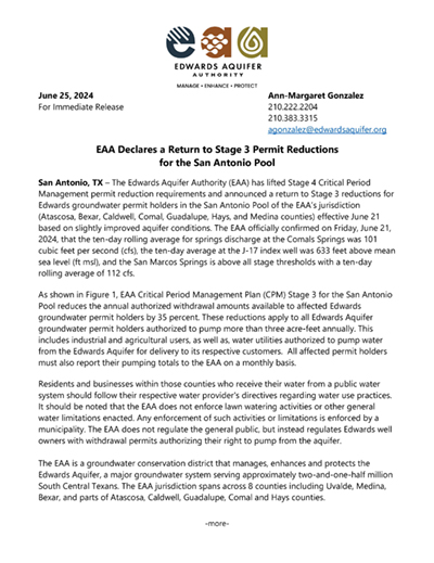 EAA declares a return to Stage 3 Permit reductions for San Antonio Pool June 25 2024