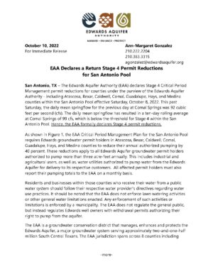 EAA Declares a Return Stage 4 Permit Reductions for San Antonio Pool