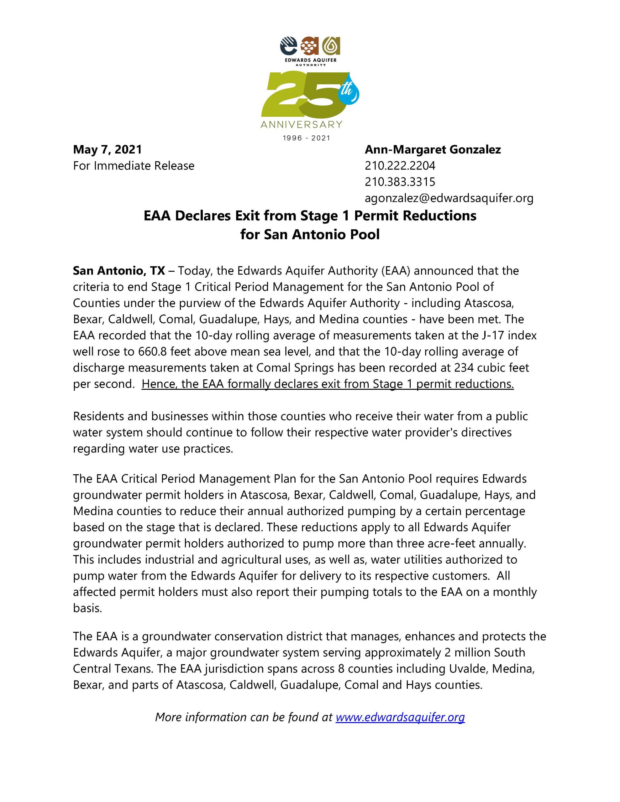 EAA declares exit from Stage 1 Permit Reductions for San Antonio Pool