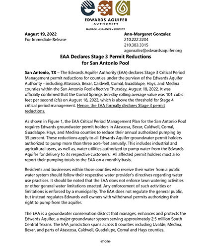 EAA Declares Stage 3 Permit Reductions for San Antonio Pool