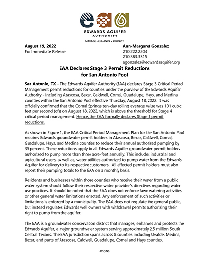 EAA Declares Stage 3 Permit Reductions for San Antonio Pool