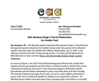 EAA Declares Stage 3 Permit Reductions for Uvalde Pool