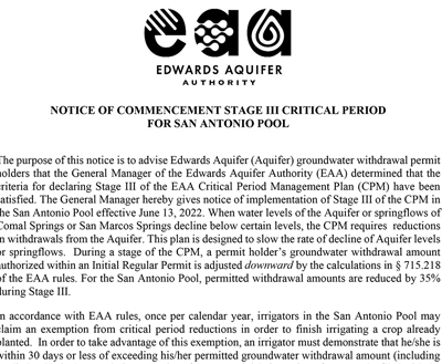 EAA Notice of Commencement Stage III Critical Period for San Antonio Pool
