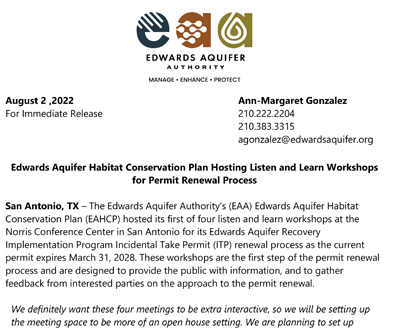 EAHCP to Hold Listen and Learn Workshops for Permit Renewal Process