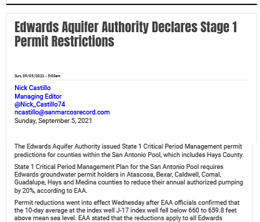 Edwards Aquifer Authority Declares Stage 1 Permit Restrictions