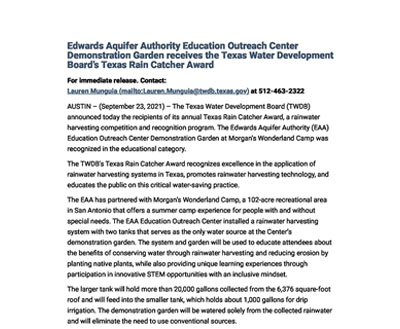 Edwards Aquifer Authority Education Outreach Center Demonstration Garden receives the Texas Water Development Board’s Texas Rain Catcher Award
