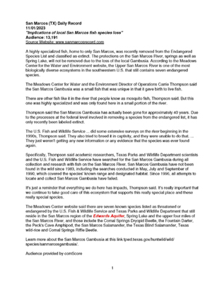 email about local San Marcos fish species effect
