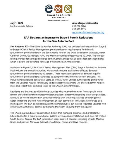 EAA declares stage 4 permit reductions for San Antonio Pool JUly 1 2024