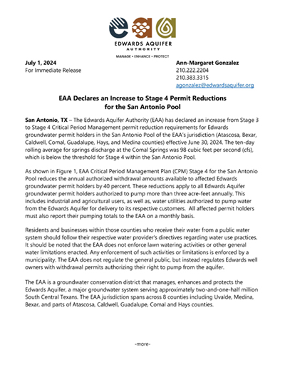 EAA Declares an Increase to Stage 4 Permit Reductions for the San Antonio Pool