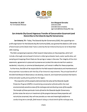 San Antonio City Council Approves Transfer of Conservation Easement Land Ownership to the Edwards Aquifer Conservancy