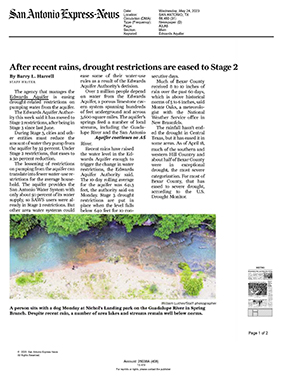 San Antonio Express News After Recent Rains Drought Restrictions are eased to Stage 2