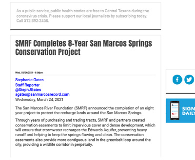 SMRF completes 8-year San Marcos Springs Conservation Project