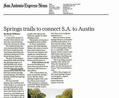 Springs trails to connect SA to Austin