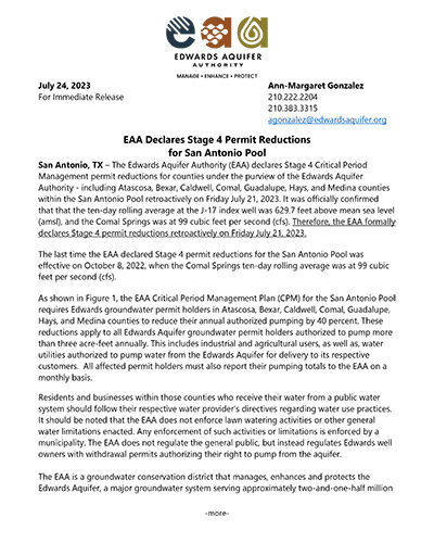 EAA declares stage 4 permit reductions for San Antonio JUly 2023