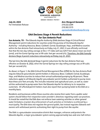 EAA Declares Stage 4 Permit Reductions for San Antonio Pool