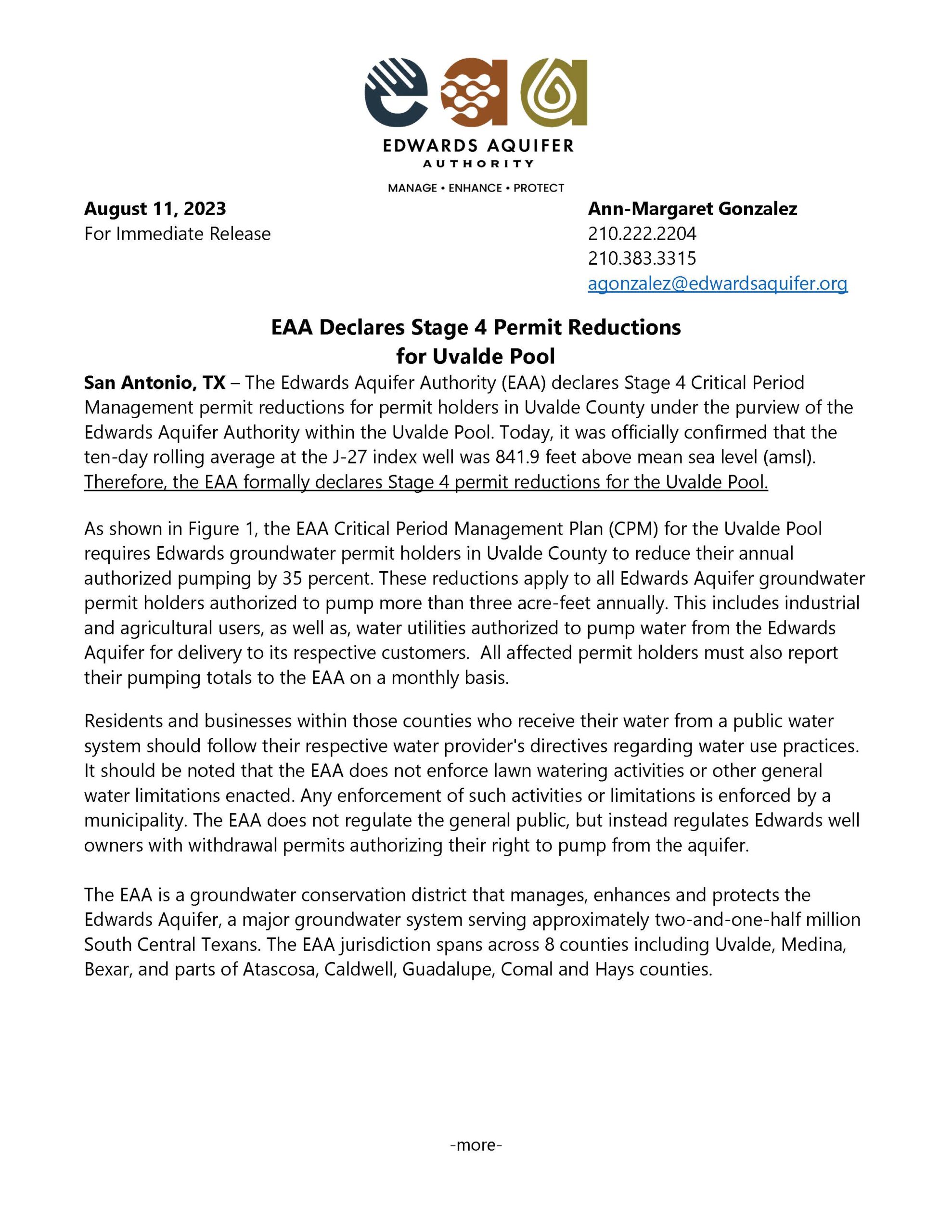 EAA Declares Stage 4 Permit Reductions for Uvalde Pool