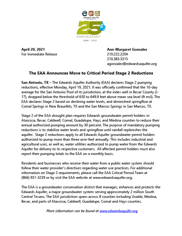 The EAA Announces Move to Critical Period Stage 2 Reductions