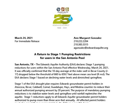 A Return to Stage 1 Pumping Restrictions for users in the San Antonio Pool
