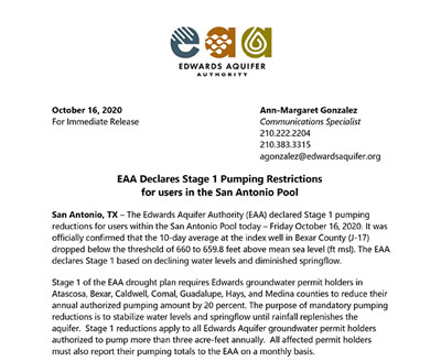 EAA Declares Stage 1 Pumping Restrictions for users in the San Antonio Pool