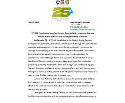 The EAA Receives $75,000 Contribution from the San Antonio River Authority