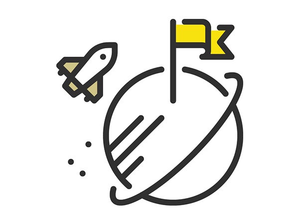 mission icon rocket with a flag on a planet