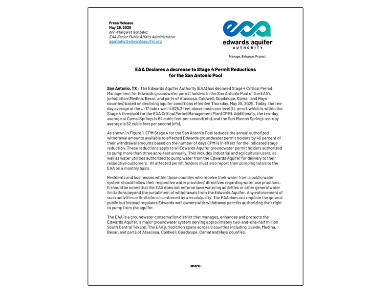 EAA Declares a decrease to Stage 4 Permit Reductions for the San Antonio Pool