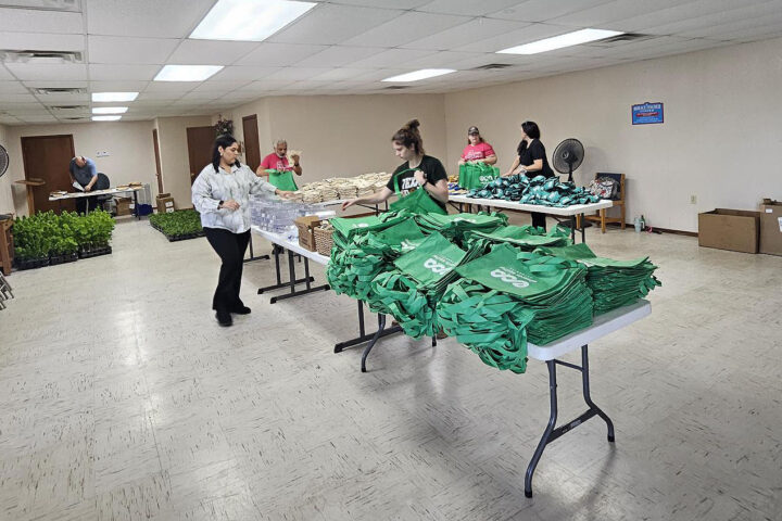 Volunteers setting up the community center for the plan giveaway