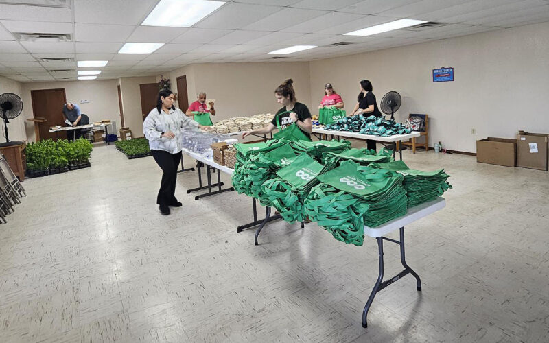 Volunteers setting up the community center for the plan giveaway