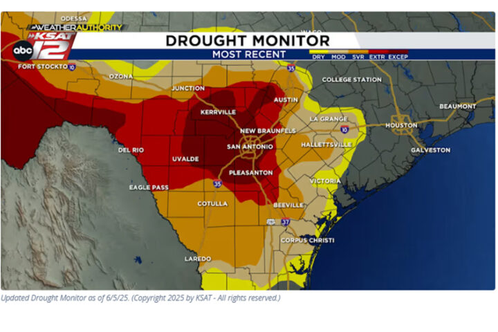 Drought map of Texas showing severe to exceptional drought in central and southwest regions, including San Antonio and Kerrville.