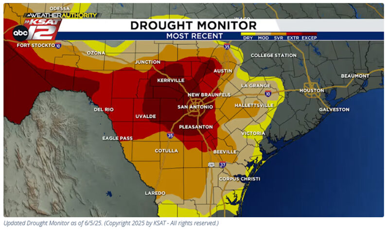 Drought map of Texas showing severe to exceptional drought in central and southwest regions, including San Antonio and Kerrville.