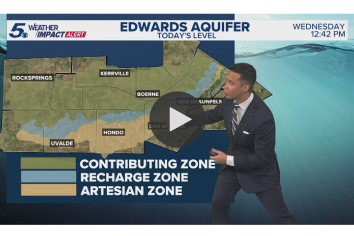 Weather map of the Edwards Aquifer zones in Texas with a presenter; zones labeled as Contributing, Recharge, and Artesian.