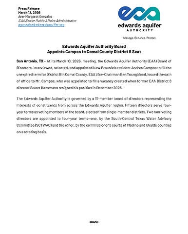 EAA Appoints Campos to Comal County District 8 Seat-March 2026