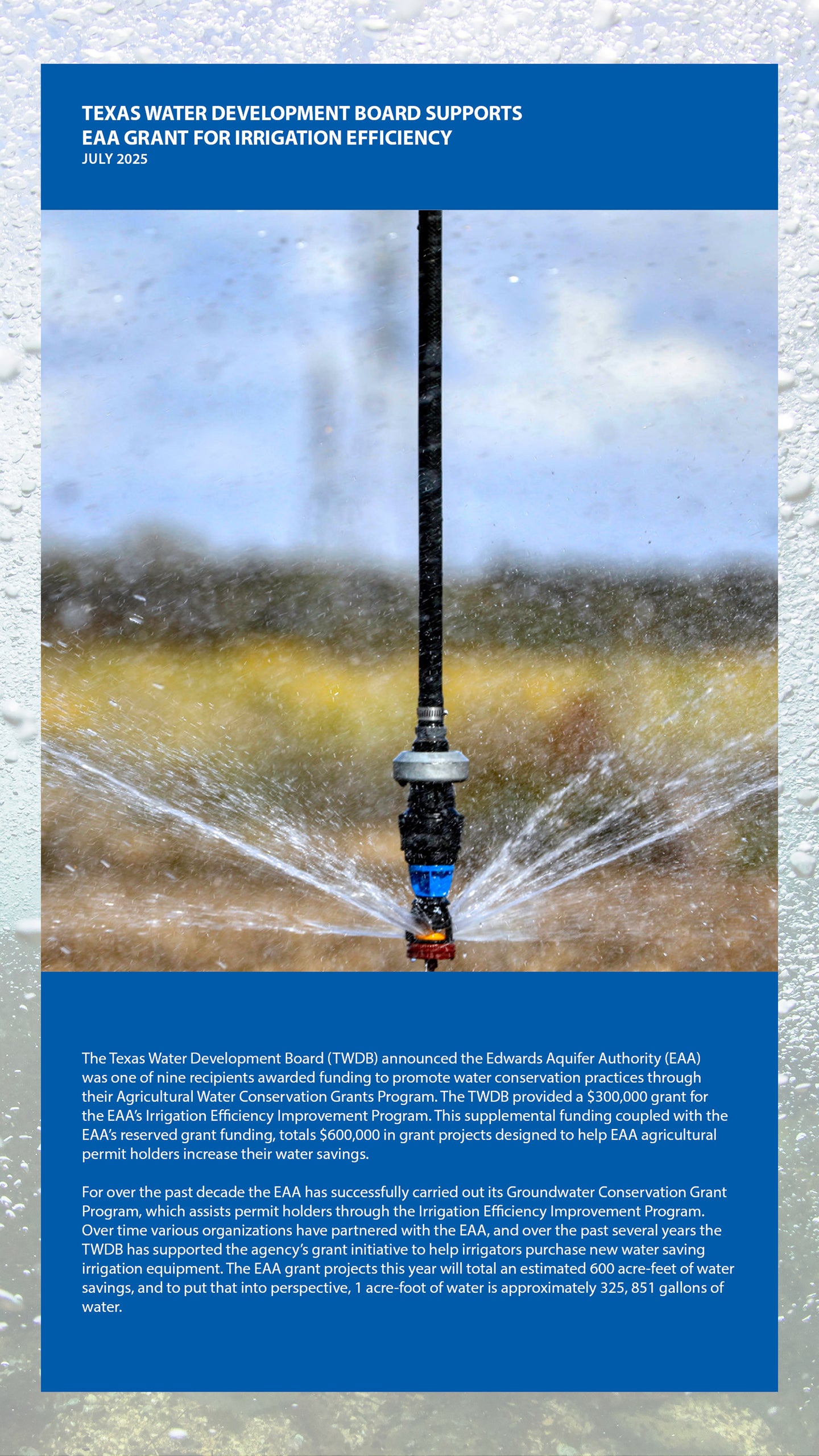 TWDB Supports EAA Grant for Irrigation Efficiency