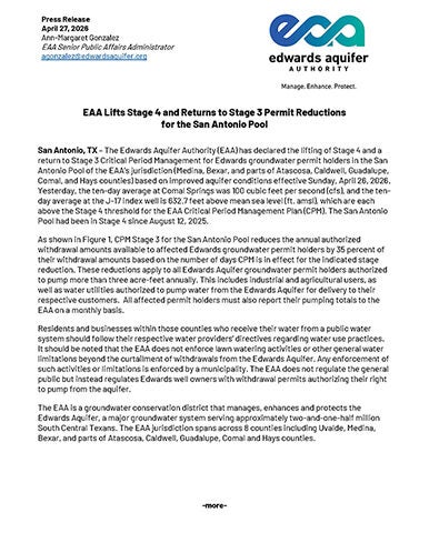 EAA Lifts Stage 4 and Returns to Stage 3-San Antonio Pool