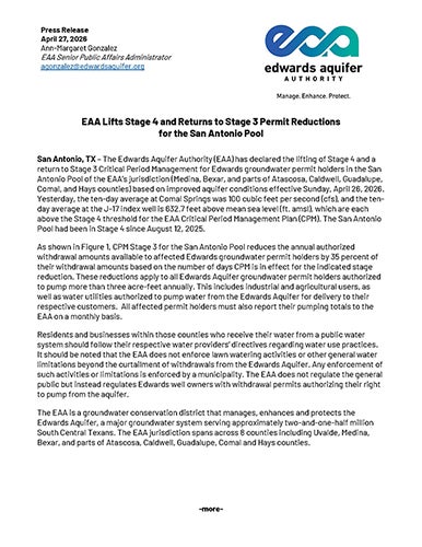 EAA Lifts Stage 4 and Returns to Stage 3-San Antonio Pool