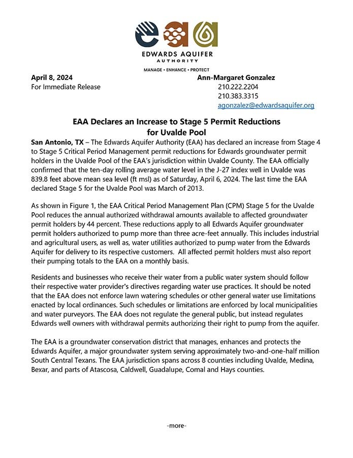 Stage 5 Permit Reductions for Uvalde Pool, April 2024
