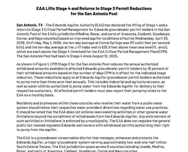 EAA Lifts Stage 4 and Returns to Stage 3-San Antonio Pool