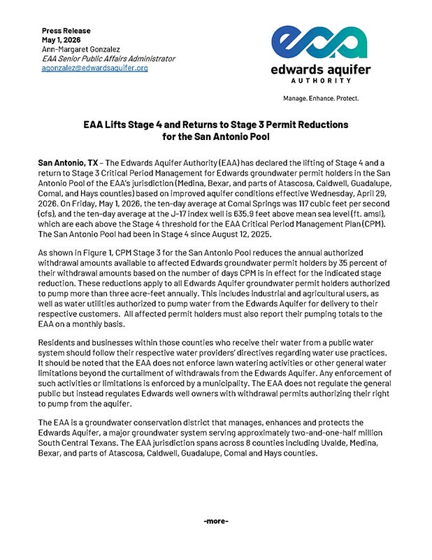 EAA Lifts Stage 4 and Returns to Stage 3-San Antonio Pool