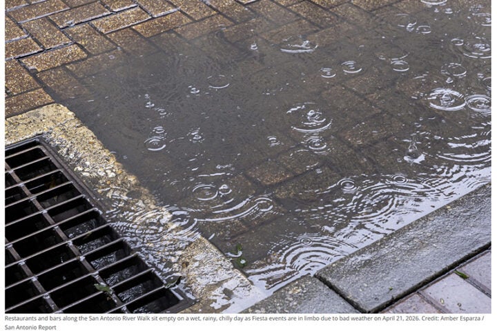 Restaurants and bars along the San Antonio River Walk sit empty on a wet, rainy, chilly day as Fiesta events are in limbo due to bad weather on April 21, 2026