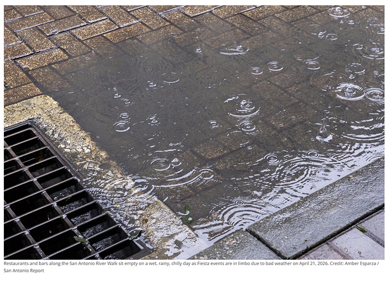 Restaurants and bars along the San Antonio River Walk sit empty on a wet, rainy, chilly day as Fiesta events are in limbo due to bad weather on April 21, 2026
