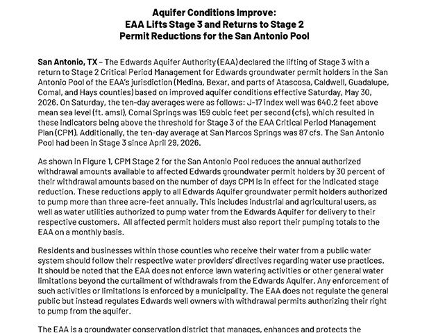 EAA Lifts Stage 3 and Returns to Stage 2-San Antonio Pool