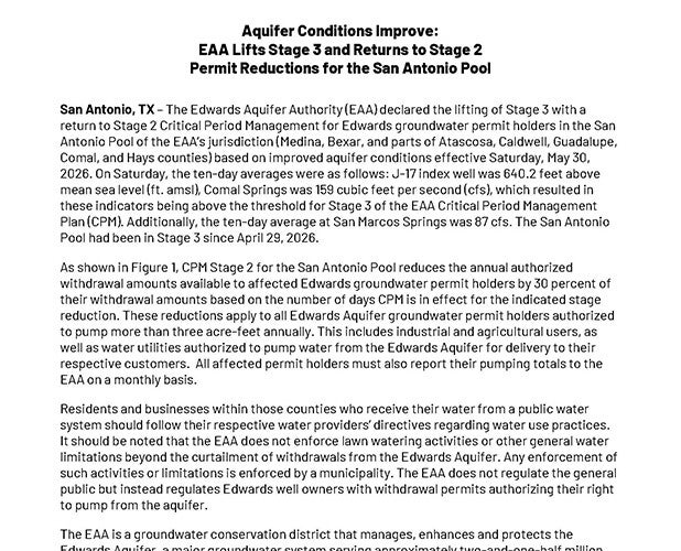 EAA Lifts Stage 3 and Returns to Stage 2-San Antonio Pool