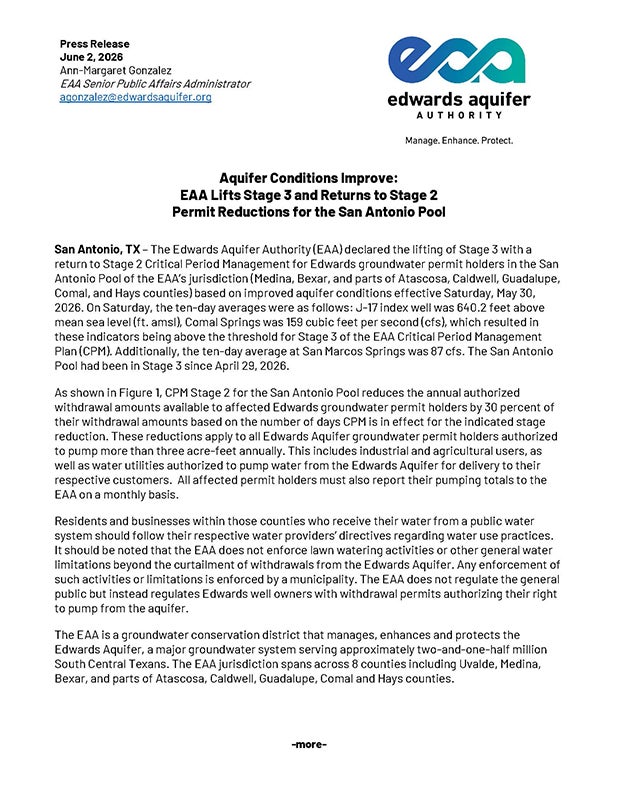 EAA Lifts Stage 3 and Returns to Stage 2-San Antonio Pool