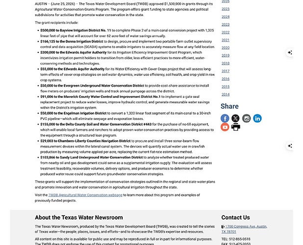 Texas Water Development Board approves $1,500,000 in agricultural water conservation grant